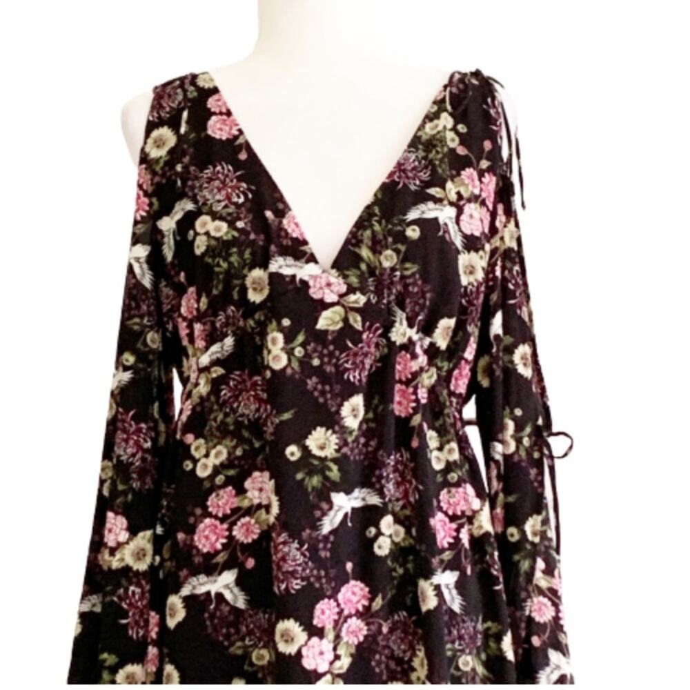 Kensie Dress Black Pink Floral Crane Motif Long Sleeve Cold Shoulder Large - Picture 15 of 15